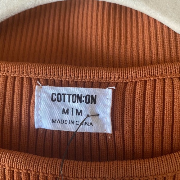 Cotton:On Rust Brown Ribbed CutOut Mini Sustainable Dress Long Bell Sleeve M NWT - Picture 4 of 8